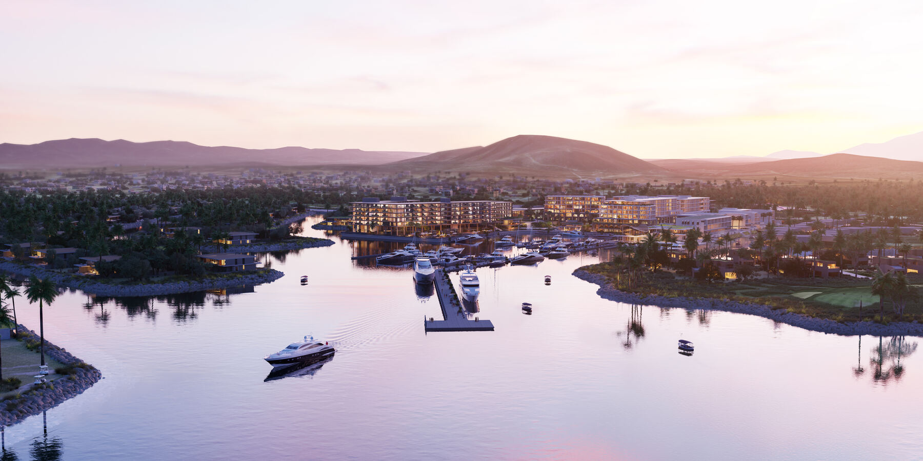 Costa Palmas Marina Village at dusk